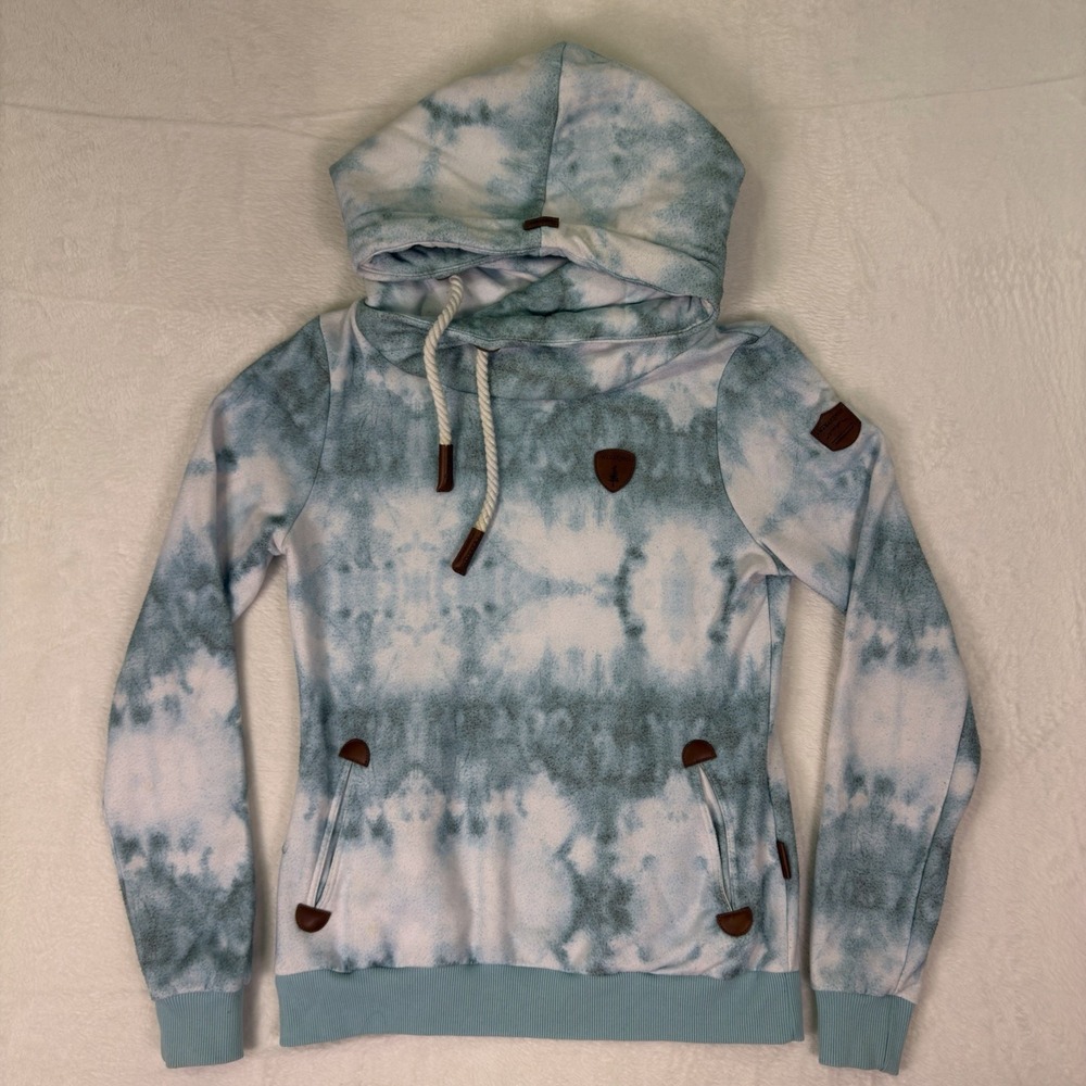 Wanakome Hoodie‎ Sweatshirt Womens Medium Blue Tie Dye Cowl Neck Fleece Pullover